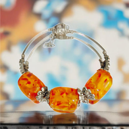 Pulseira de Senhora em Prata do Tibet, Bolas Laranja
