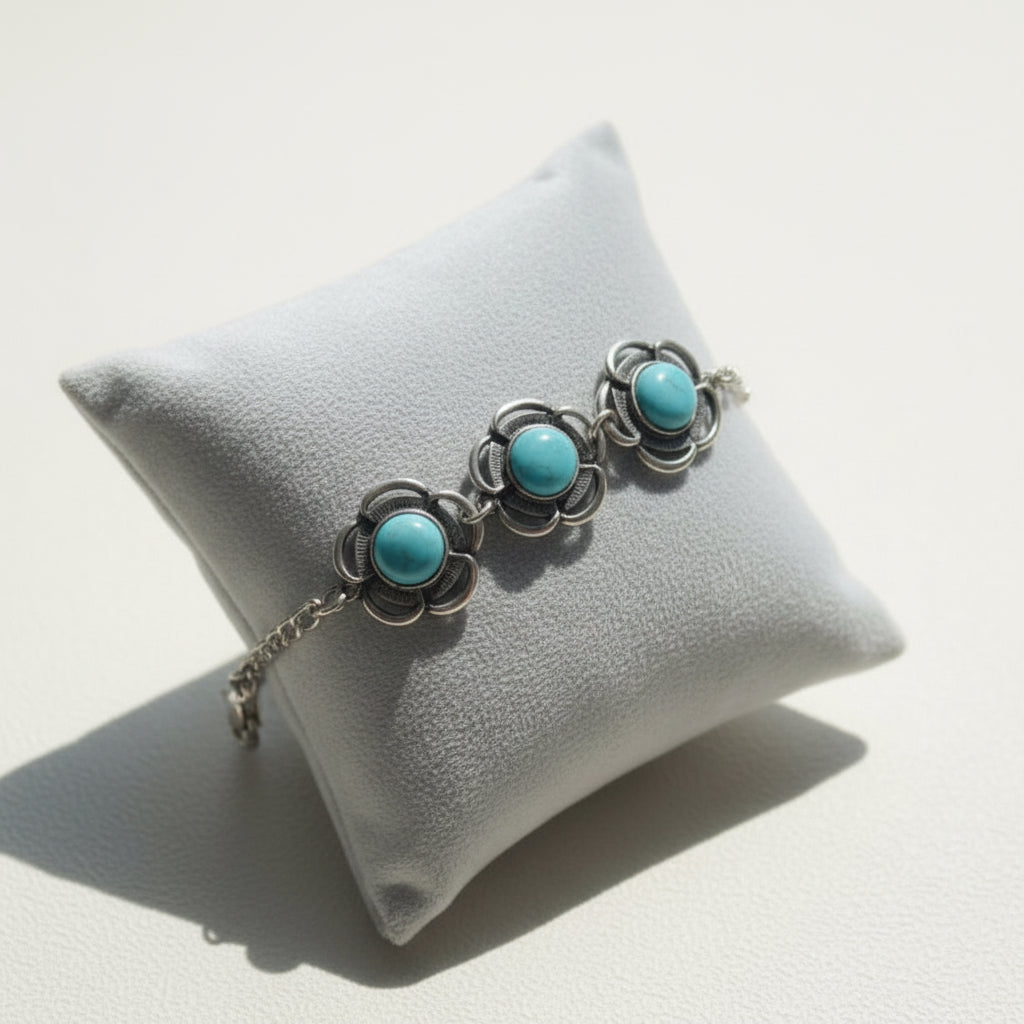 Bracelet pour femme en argent, fleur turquoise