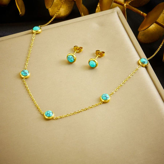 Conjunto de Colar e Brincos para Senhora em Aço Inoxidável 316L com Pedra Turquesa