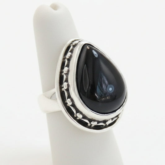 Anel de Prata 925 com Prata  Pedra Natural Ônix T:7,5