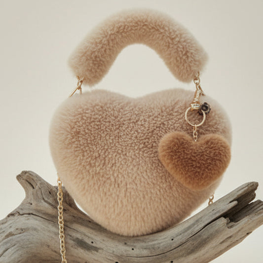 Mala Coração "Teddy Hug" em Pelúcia Bege – Puro Conforto!