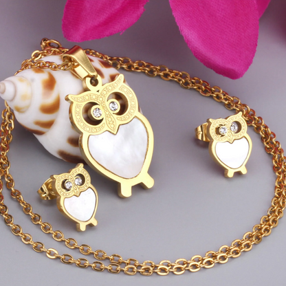 Conjunto de Colar e Brincos em Aço Inoxidável 316L de Coruja Dourada