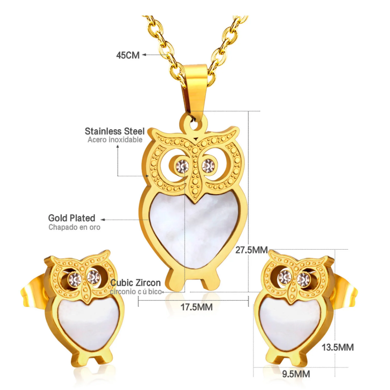 Conjunto de Colar e Brincos em Aço Inoxidável 316L de Coruja Dourada