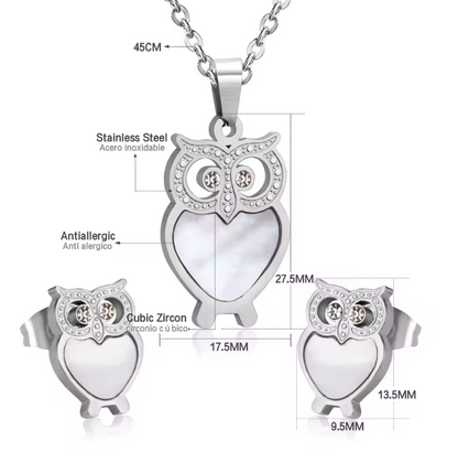 Conjunto de Colar e Brincos em Aço Inoxidável 316L de Coruja Prateada