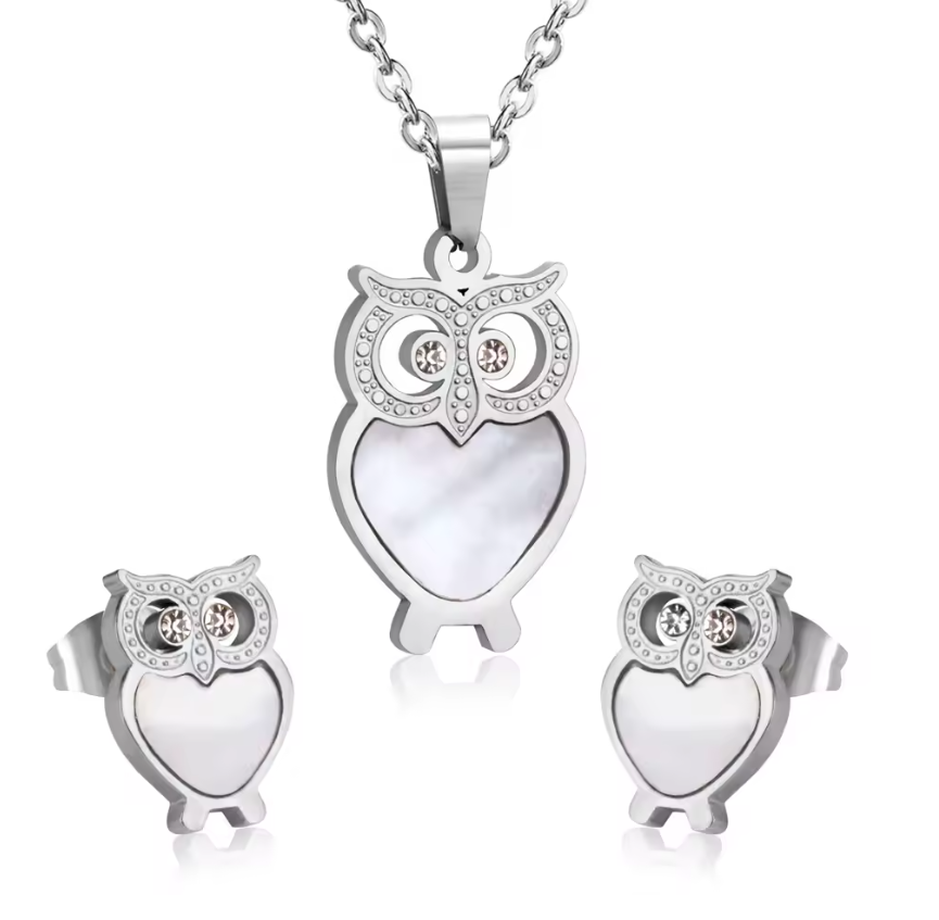 Conjunto de Colar e Brincos em Aço Inoxidável 316L de Coruja Prateada