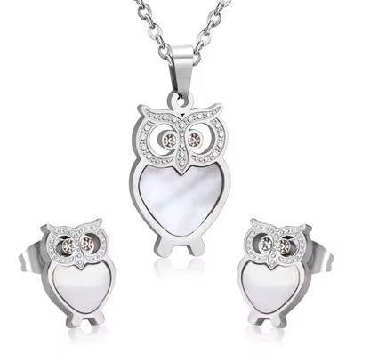 Conjunto de Colar e Brincos em Aço Inoxidável 316L de Coruja Prateada