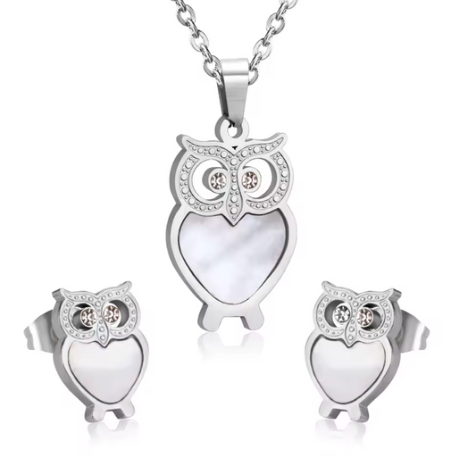 Conjunto de Colar e Brincos em Aço Inoxidável 316L de Coruja Prateada