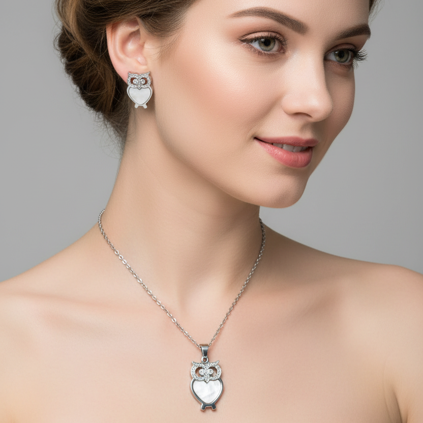 Conjunto Owl Heart em Aço 316L – Sabedoria e Elegância num Brilho Eterno