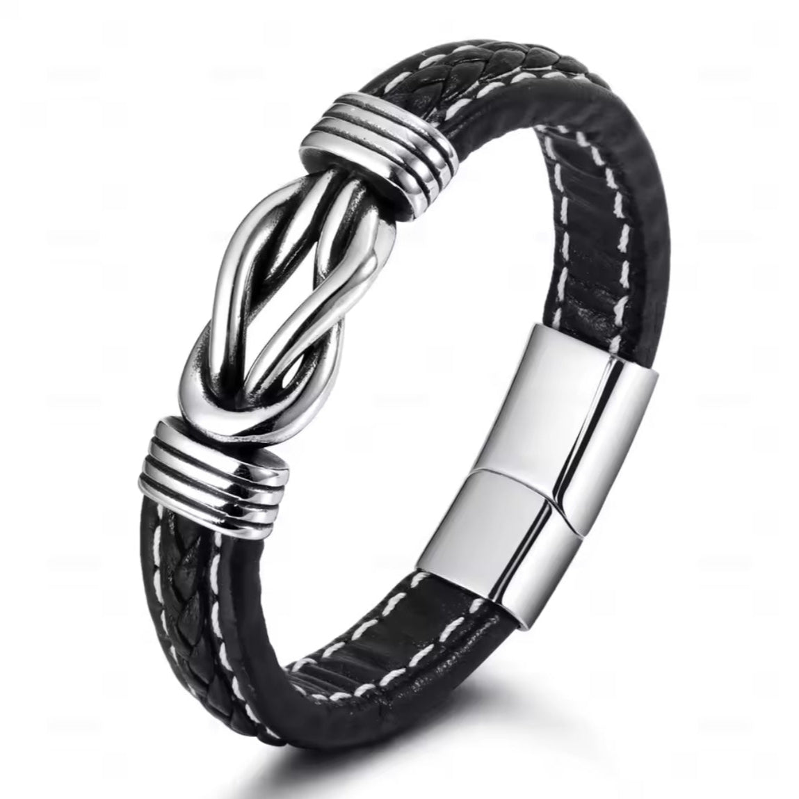 Pulseira de Homem em Couro com Nós em Aço Inoxidável