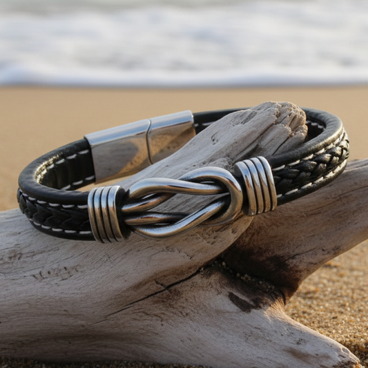 Men's Leather Bracelet with Stainless Steel Knots