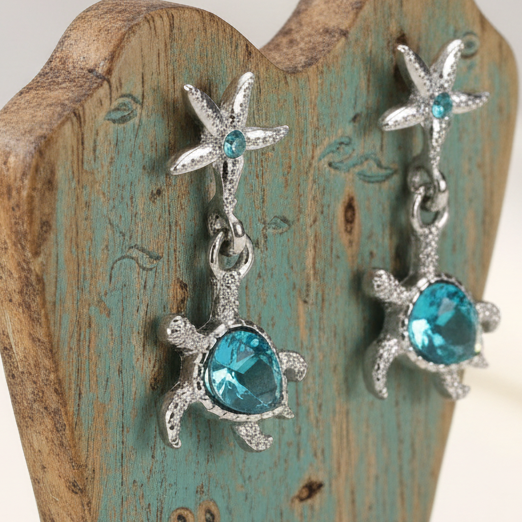 Brincos de Senhora em Zinco com Estrela do Mae e Tartaruga Marinha com Zircónias Azuis