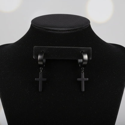 Boucles d'oreilles créoles en acier inoxydable, Croix noire
