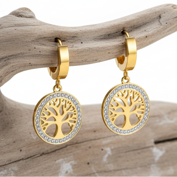 Brincos de Argola Árvore da Vida Banhados a Ouro com Cristais