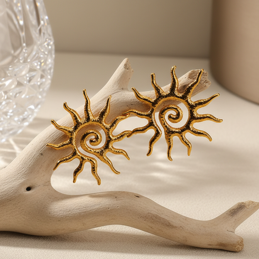 Brinco de Tarraxa Sol Espiral em Aço Inoxidável Dourado - Mar e Vida