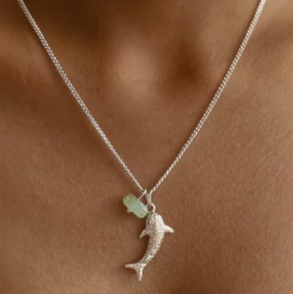 Colar Tubarão Baleia & Pedra Natural em Aço Inoxidável Prateado - Mar e Vida.
