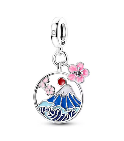 Sterling Silver Double Dangle, Mount Fuji and Cherry Blossoms