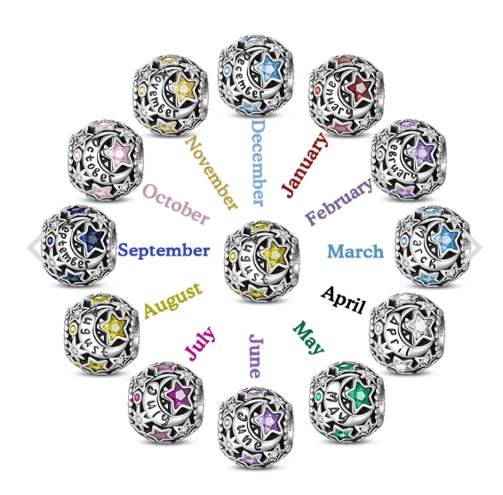 Perle en Argent 925, Étoile et Lune du Mois Anniversaire
