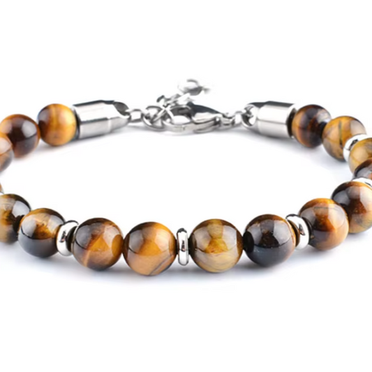 Pulseira de Homem em Aço Inoxidável com Pedras Olho de Tigre