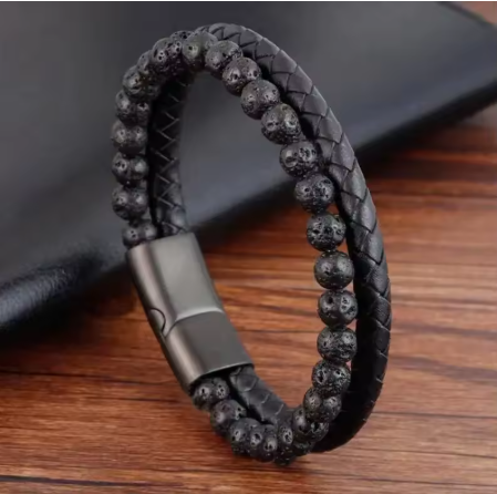 Pulseira de Homem em Couro, aço com Pedra Vulcânica 21cm