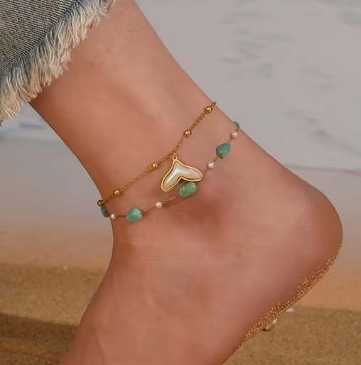 Pulseira Tornozelo Cauda de Baleia & Turquoise – Coleção Mar e Vida (Aço 304)