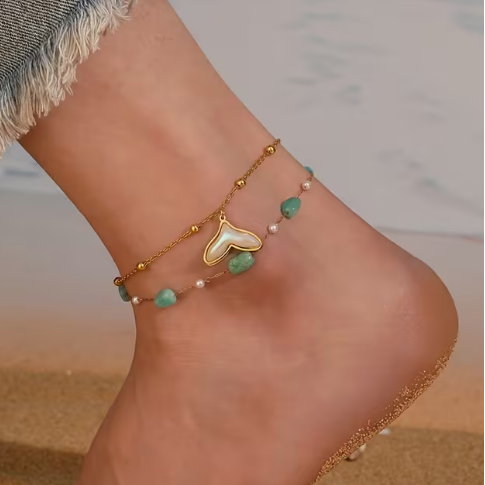 Tornozelo Cauda de Baleia & Turquoise – Coleção Mar e Vida (Aço 304)