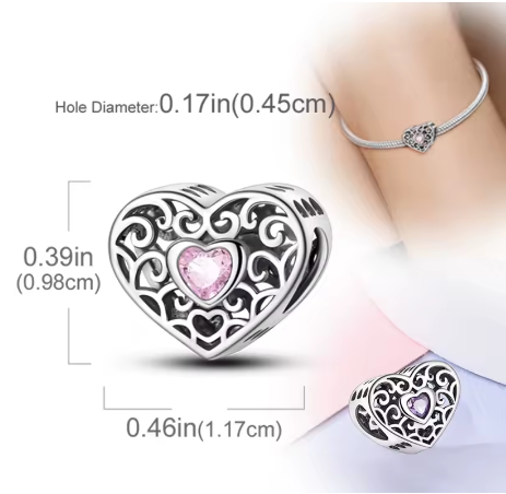 Conta em Prata 925, Coração Rendilhado com Cristal Rosa (1170)