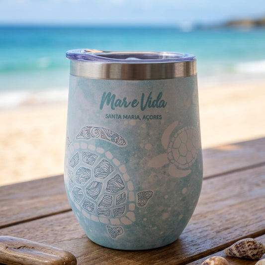 Copo Térmico Tartaruga Marinha em Aço Inoxidável 304 – Turquesa | 360 ml – Mar e Vida