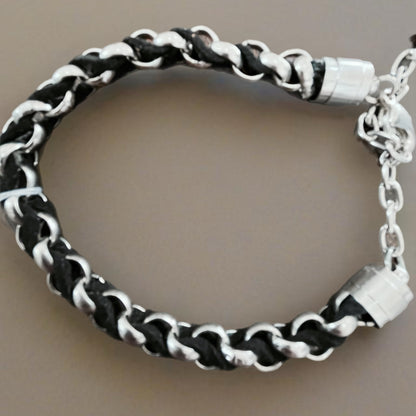 Pulseira de Homem em Aço Inoxidável e Couro Entrelaçado