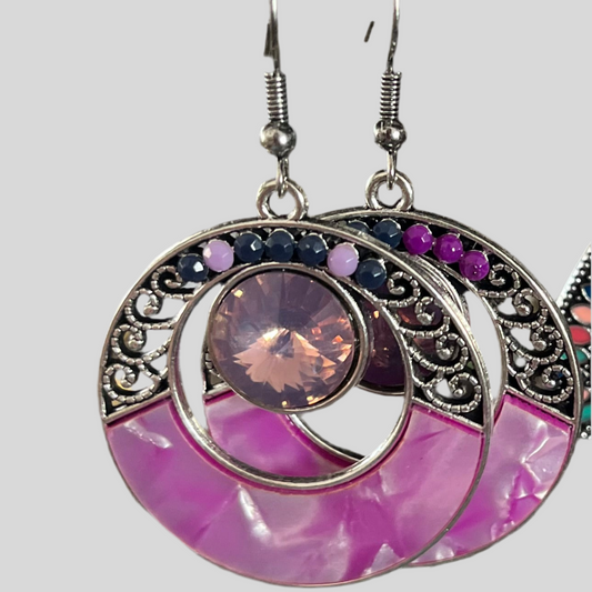 Brincos Boho Argola Vintage na Cor Prata com Pedra Roxa