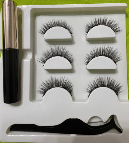 Kit de 3 Pares de Cílios Postiços Reutilizáveis com Eyeliner Adesivo e Pinça Aplicadora