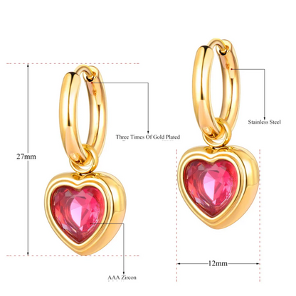 Brincos de Senhora em Aço Inoxidável Ouro, Coração com Zircônia Cúbica Rosa