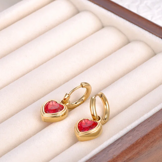 Brincos de Senhora em Aço Inoxidável Ouro, Coração com Zircônia Cúbica Rosa