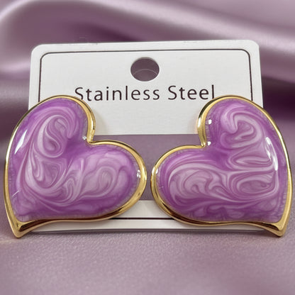 Brincos Heart Marble – Esmaltado Roxo e Dourado