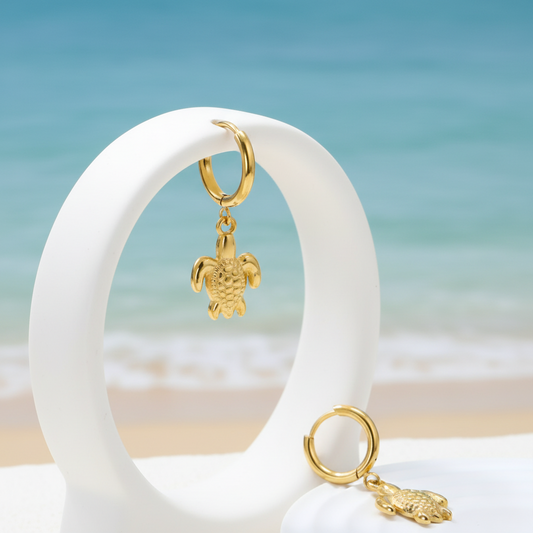 Brinco de Argola em Aço Inoxidável, Tartaruga Dourada