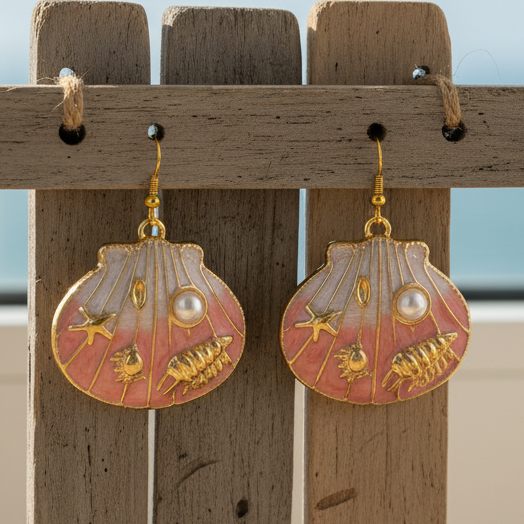 Brincos Shell Paradise – Esmalte Rosa e Detalhes Marinhos