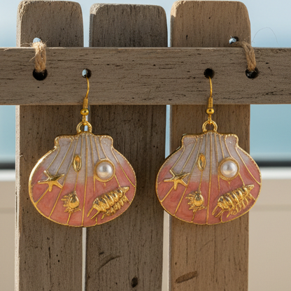 Brincos Shell Paradise – Esmalte Rosa e Detalhes Marinhos