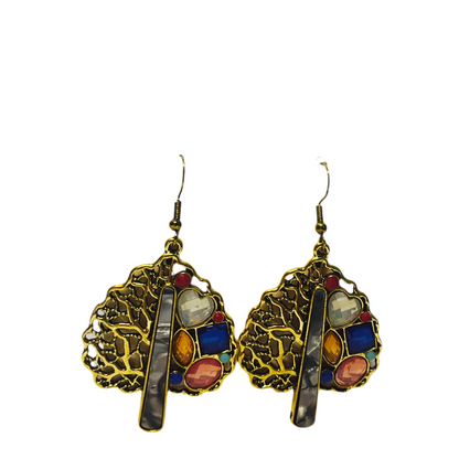Brincos Boho Árvore Enfeitada com Pedras de Cores Variadas