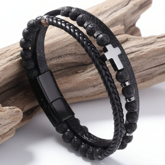 Men's Bracelet in Leather and Volcanic Stone with Zinc Cross