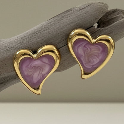 Brincos Heart Marble Pequenos – Esmaltado Roxo e Dourado
