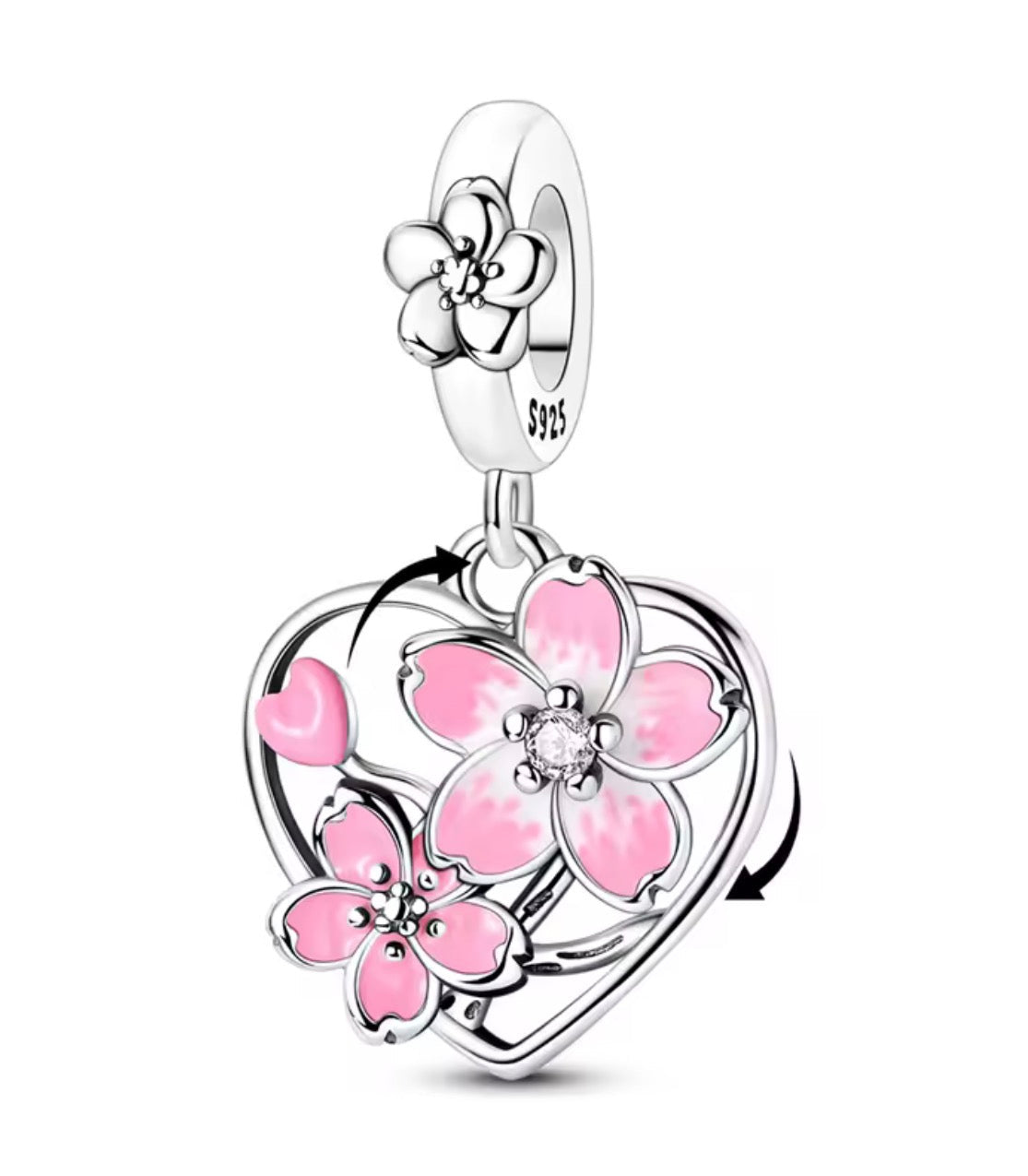 Breloque en argent 925, cœur évidé avec fleur de cerisier