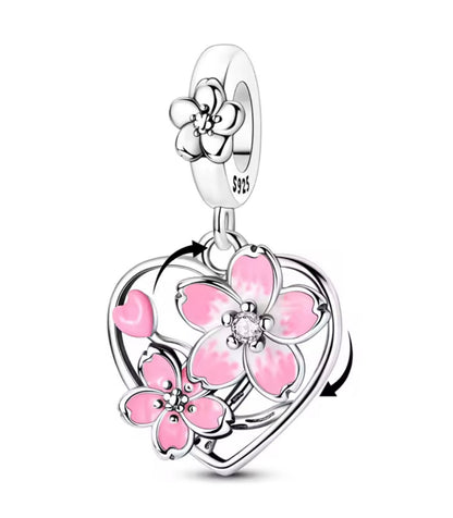 Breloque en argent 925, cœur évidé avec fleur de cerisier