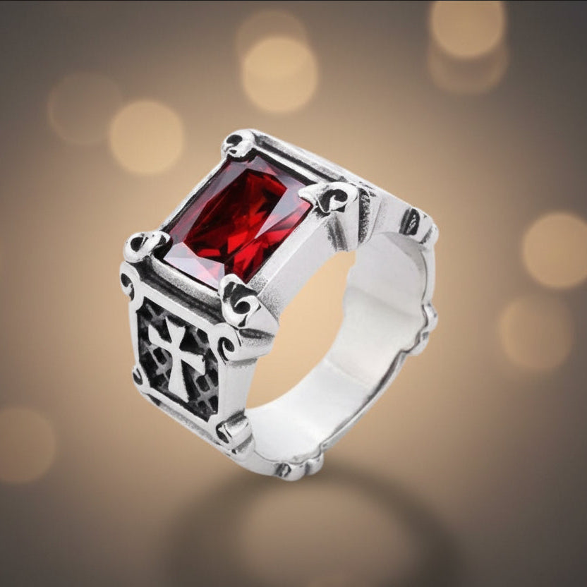 Bague pour homme en acier inoxydable 316L avec zirconium rouge T = 12