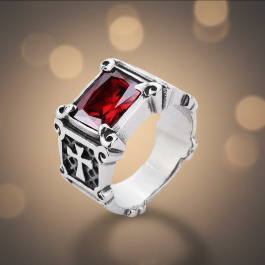 Anel de Homen em Aço Inoxidável 316L com Zircão vermelho T= 12