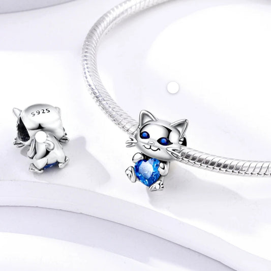 Conta em Prata 925, Gato com Zircão Azul