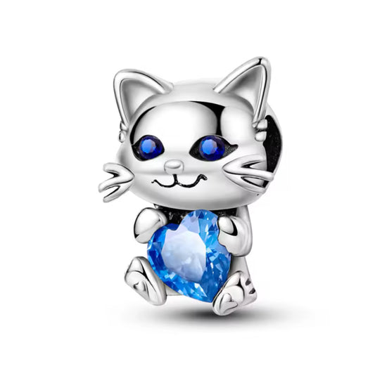 Conta em Prata 925, Gato com Zircão Azul