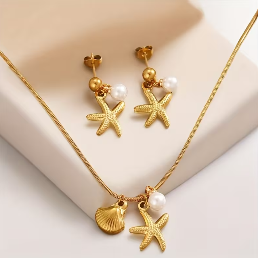 Conjunto Golden Starfish – Pérolas e Ouro 18K (3 Peças)