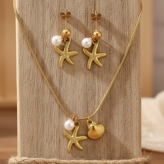 Conjunto Golden Starfish – Pérolas e Ouro 18K (3 Peças)