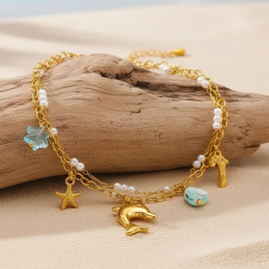 Pulseira Tornozelo  Dolphin & Shell Charm – Coleção Mar e Vida