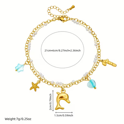 Pulseira Tornozelo  Dolphin & Shell Charm – Coleção Mar e Vida