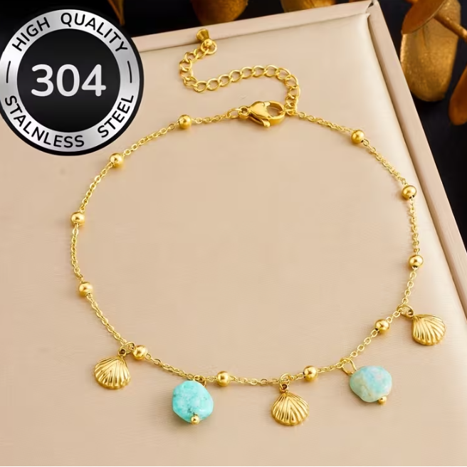 Pulseira Tornozelo Shell & Turquoise – Coleção Mar e Vida (Aço 304)